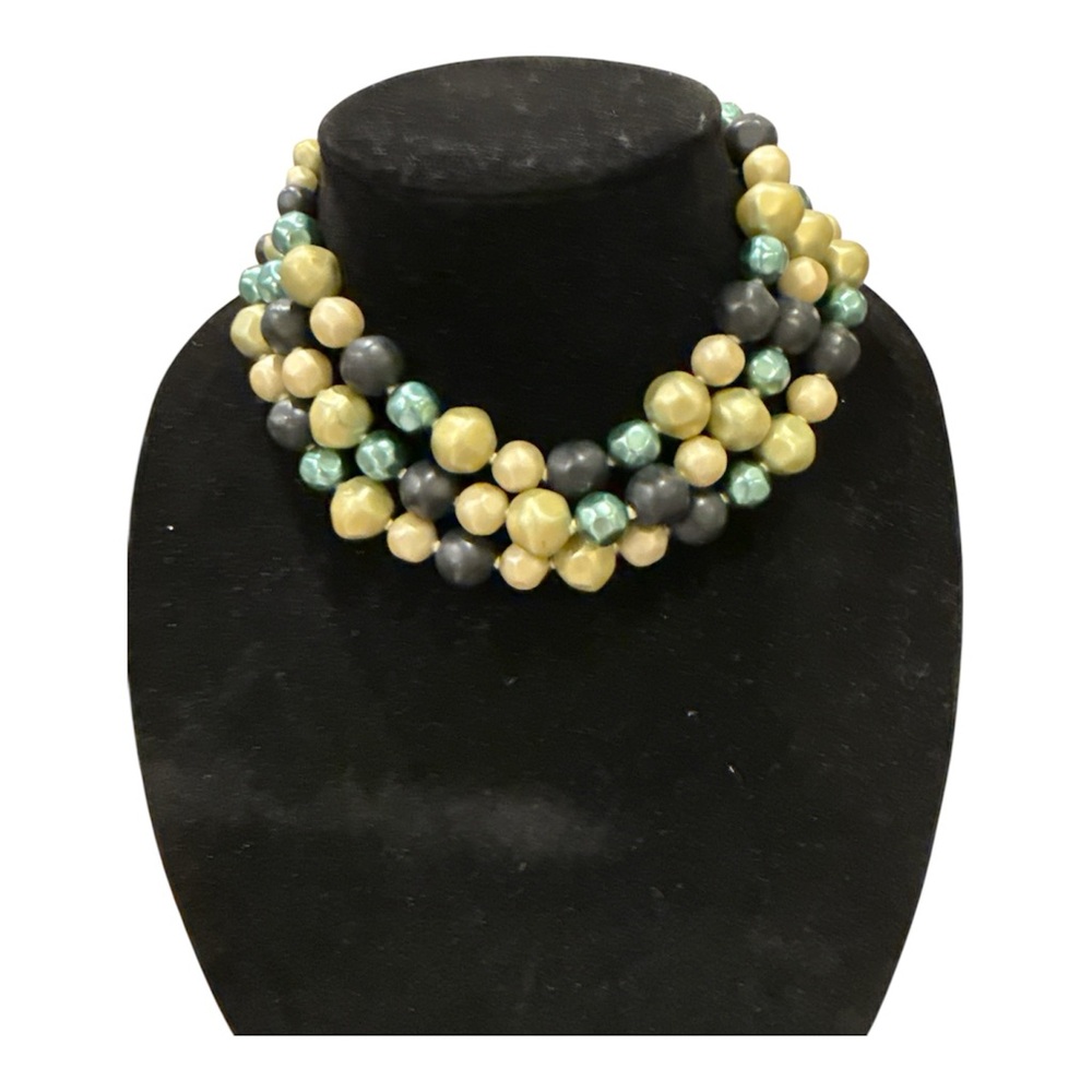 Japanese Glass Bead Cluster Necklace Aqua Gray Cream
